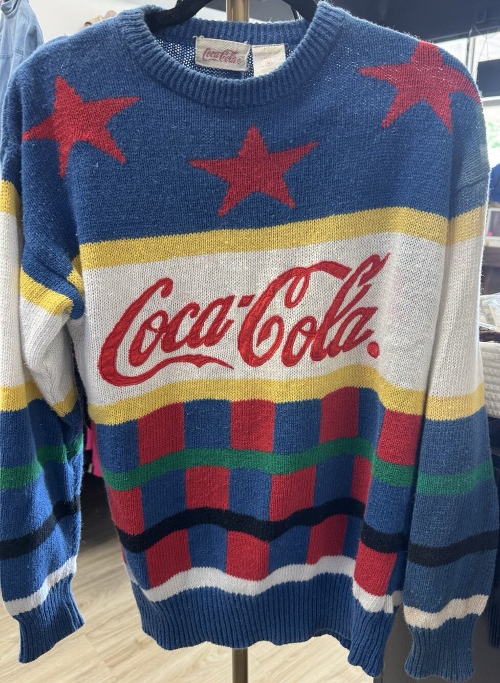 Coca-Cola 1987 Multicolor Knit Sweater Blue Red Yellow Stars Stripes Soda Theme